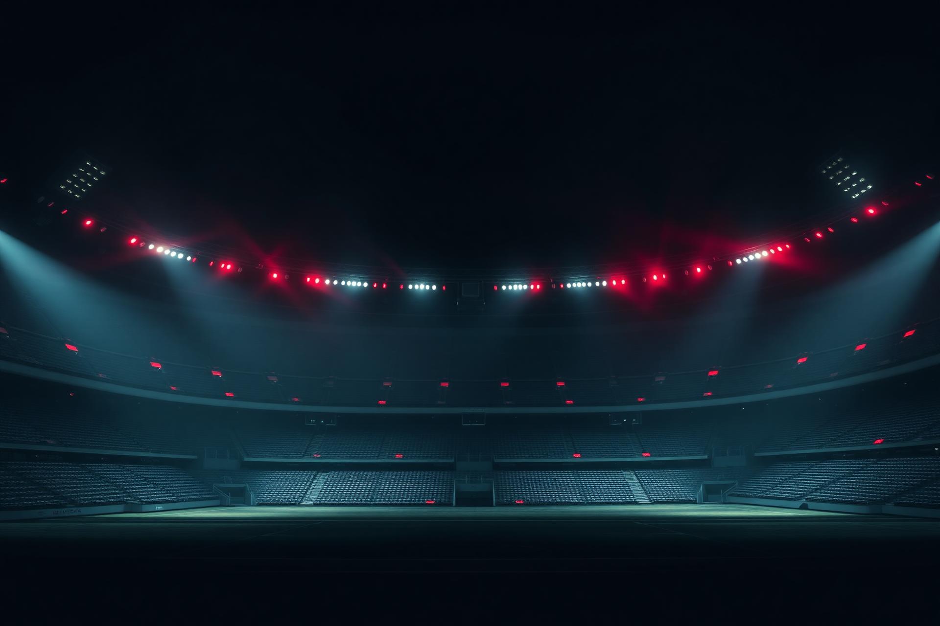 Dark stadium lit with crimson floodlights